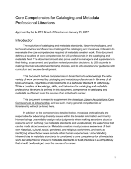 Core Competencies for Cataloging and Metadata Professional Librarians