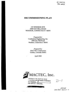 Decommissioning Plan for the Combustion Engineering (CE) Site