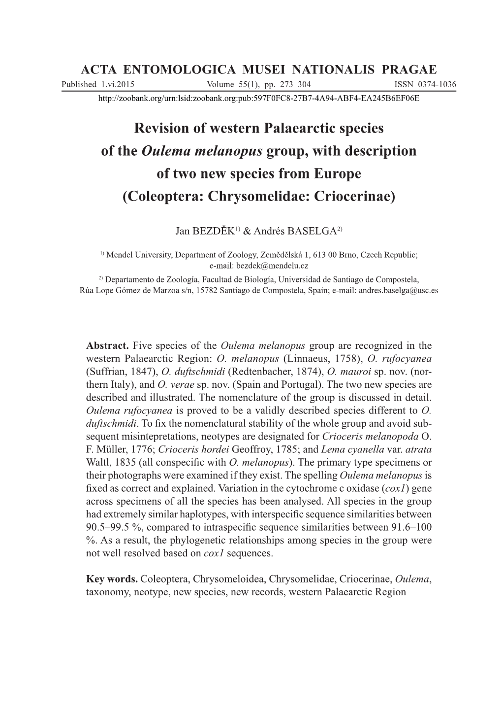 Revision of Western Palaearctic Species of the Oulema Melanopus Group, with Description of Two New Species from Europe (Coleoptera: Chrysomelidae: Criocerinae)