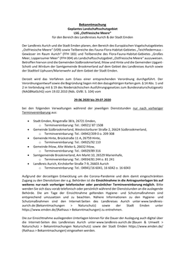 Bekanntmachung Geplantes Landschaftsschutzgebiet LSG „Ostfriesische Meere“ Für Den Bereich Des Landkreises Aurich & Der Stadt Emden