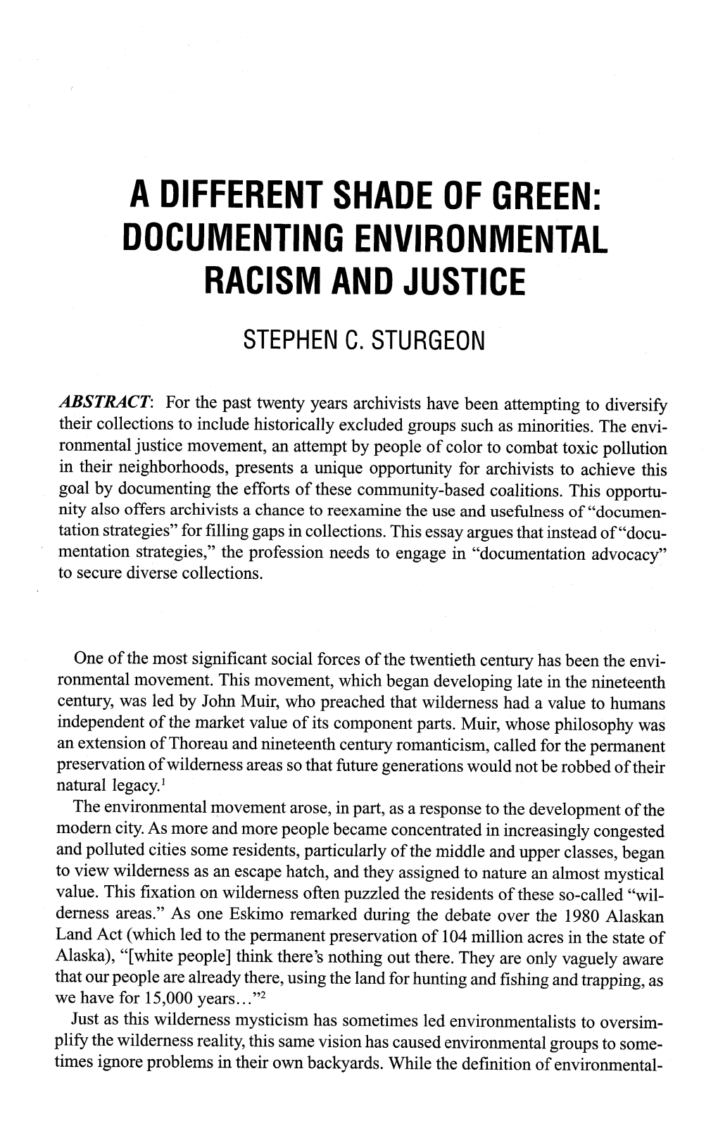 Documenting Environmental Racism and Justice Stephen C.Sturgeon