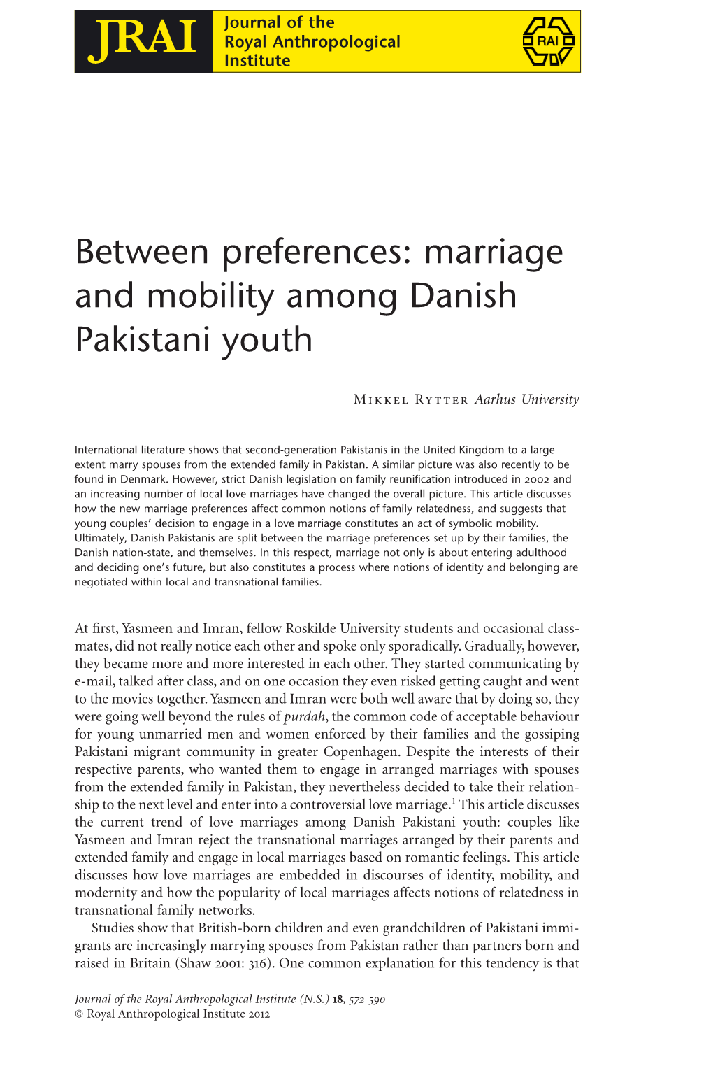 Marriage and Mobility Among Danish Pakistani Youth