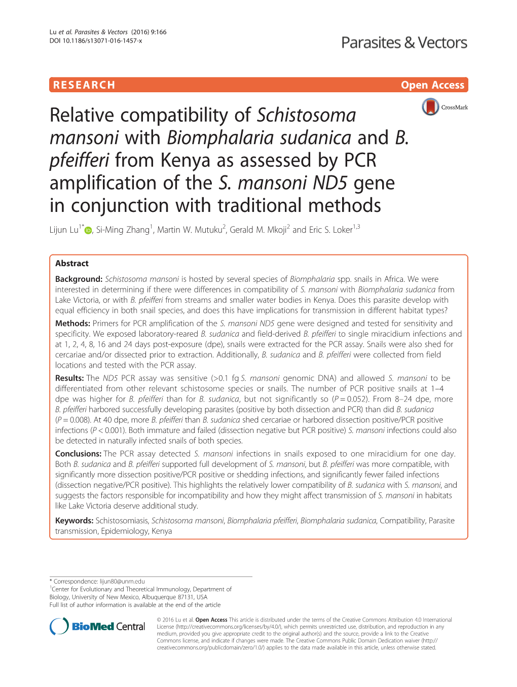 Schistosoma Mansoni with Biomphalaria Sudanica and B