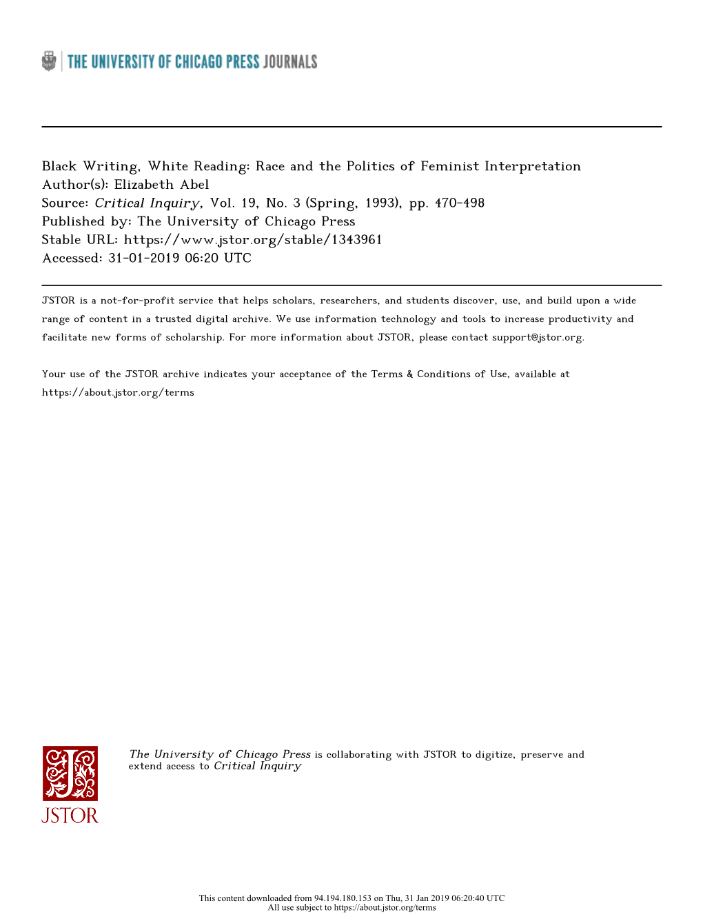 Black Writing, White Reading: Race and the Politics of Feminist Interpretation Author(S): Elizabeth Abel Source: Critical Inquiry, Vol