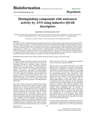 Distinguishing Compounds with Anticancer Activity by ANN Using Inductive QSAR Descriptors