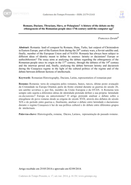 Romans, Dacians, Thracians, Slavs, Or Pelasgians? a History of the Debate on the Ethnogenesis of the Romanian People Since 17Th Century Until the Computer Agei