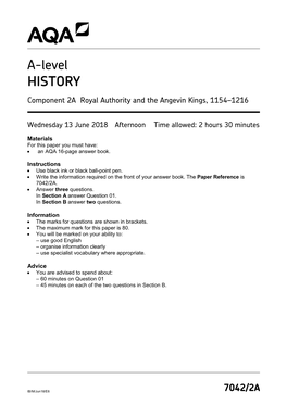 Question Paper (A-Level) : Component 2A Royal Authority and the Angevin