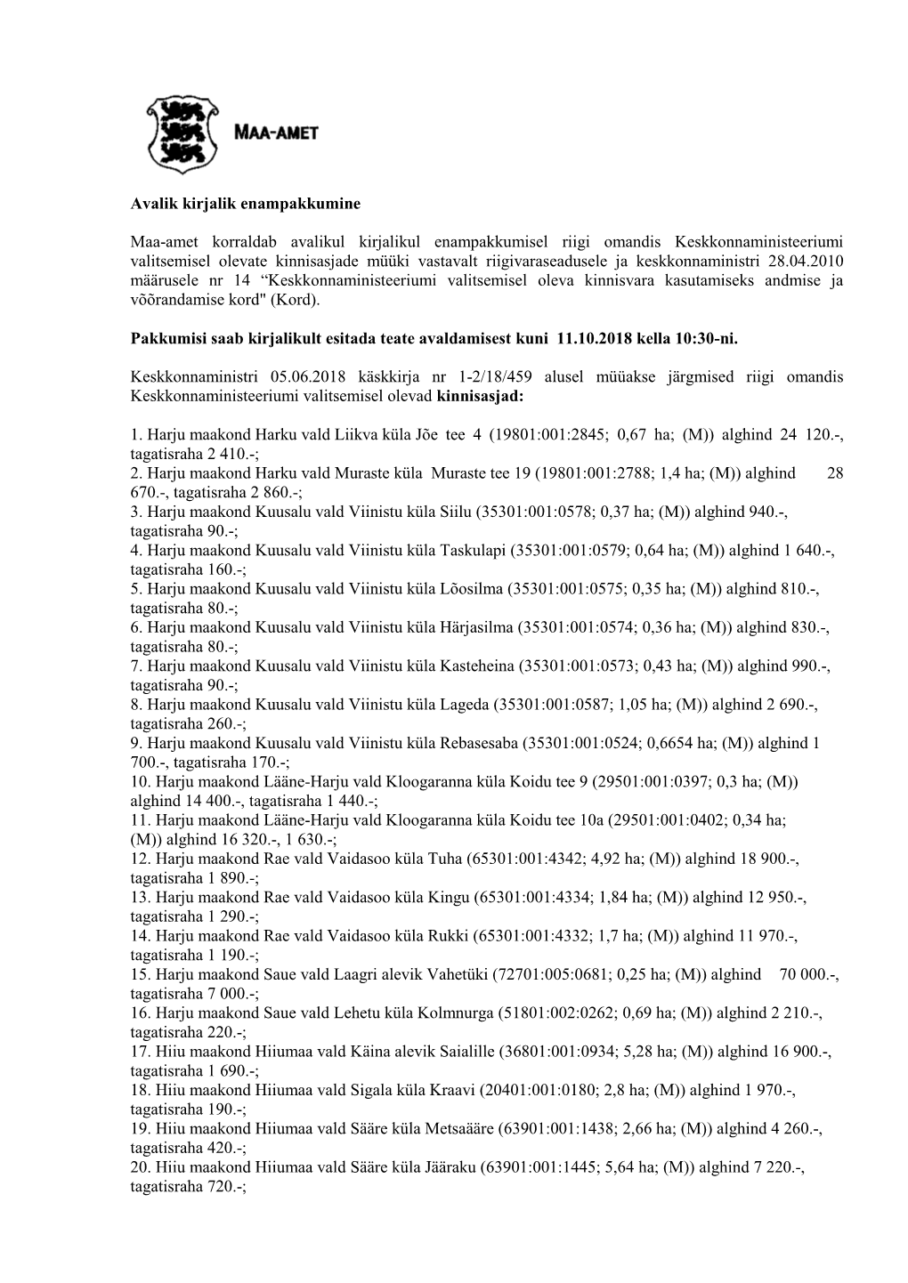 Avalik Kirjalik Enampakkumine Maa-Amet Korraldab Avalikul