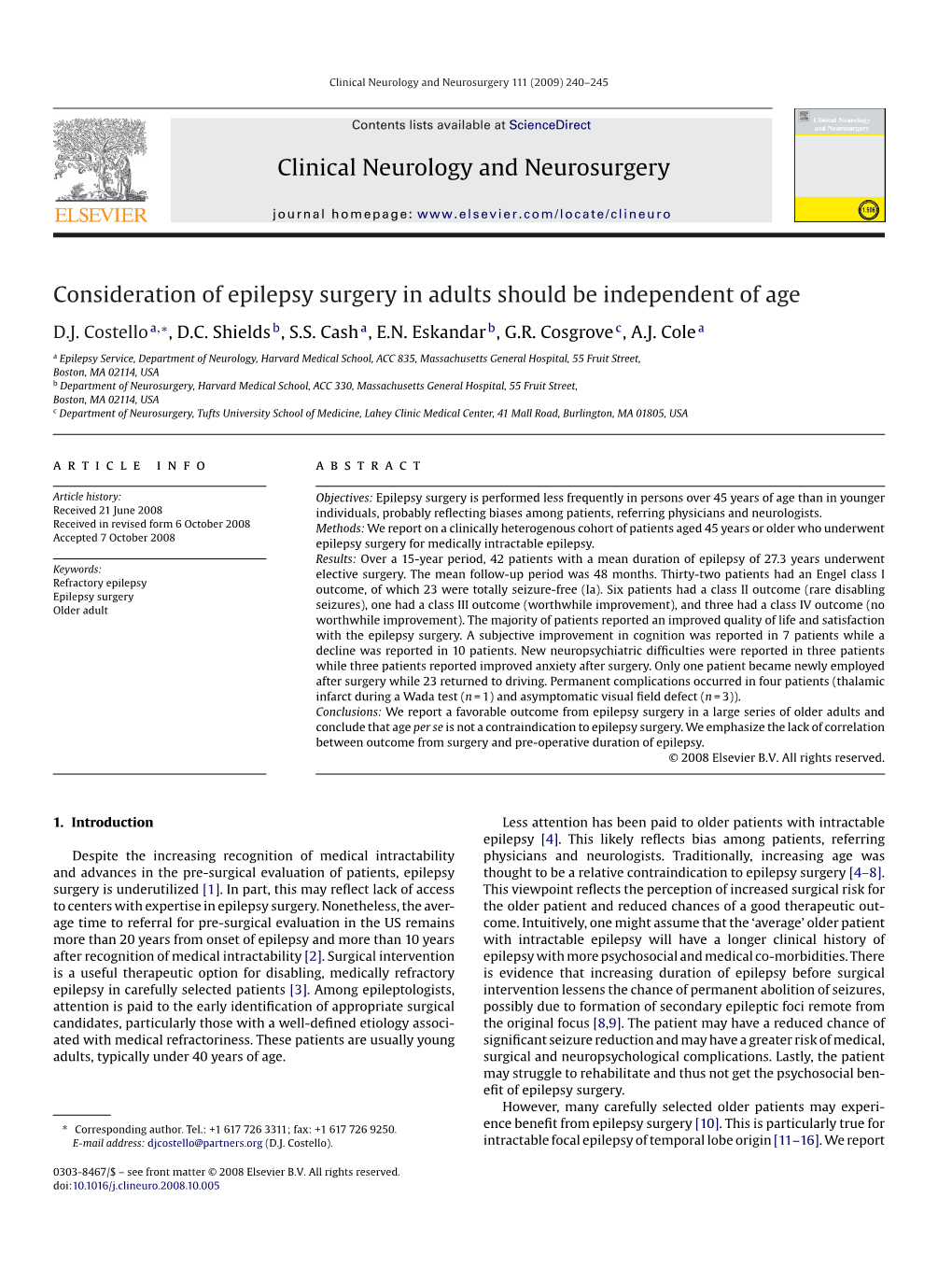 Clinical Neurology and Neurosurgery 111 (2009) 240–245