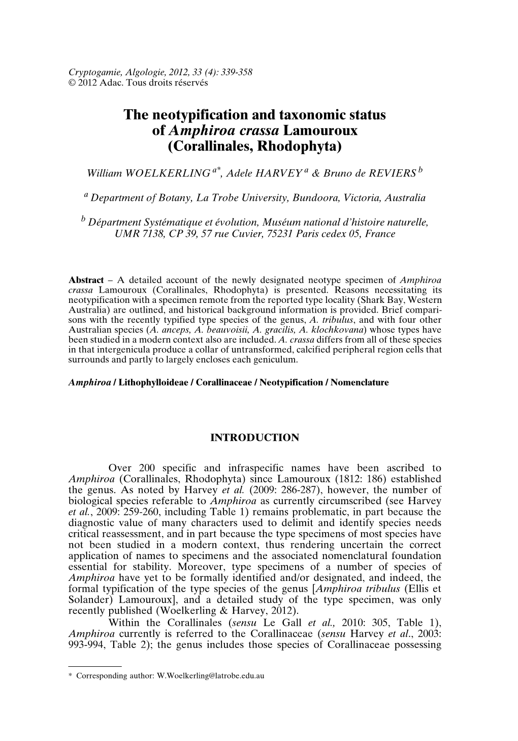 The Neotypification and Taxonomic Status of Amphiroa Crassa Lamouroux (Corallinales, Rhodophyta)