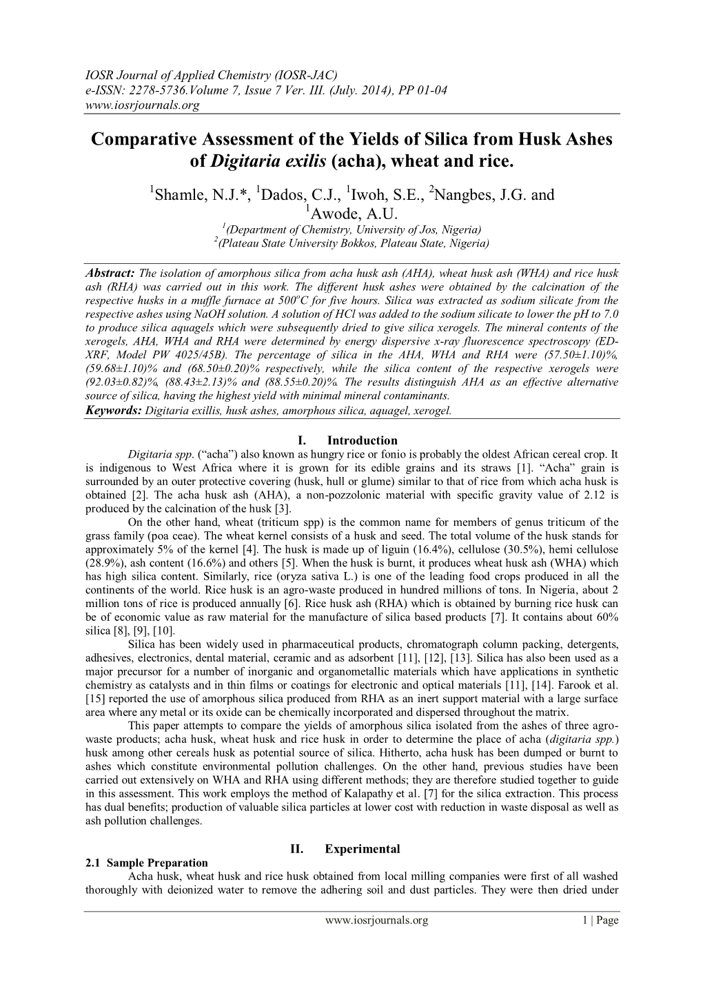 Comparative Assessment of the Yields of Silica from Husk Ashes of Digitaria Exilis (Acha), Wheat and Rice