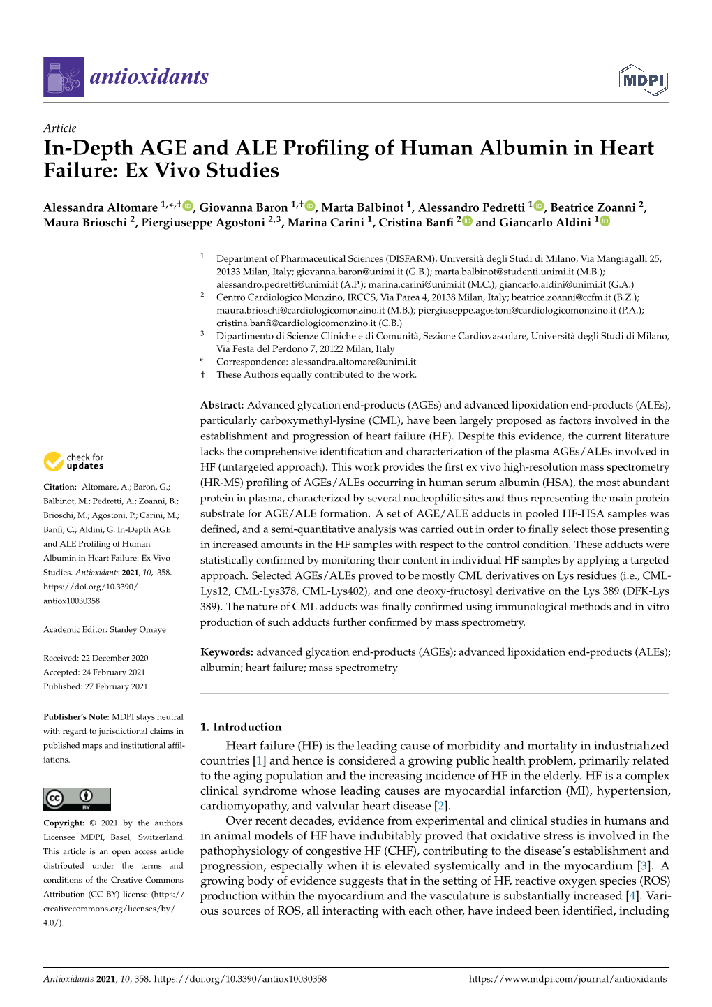In-Depth AGE and ALE Profiling of Human Albumin in Heart Failure: Ex Vivo Studies