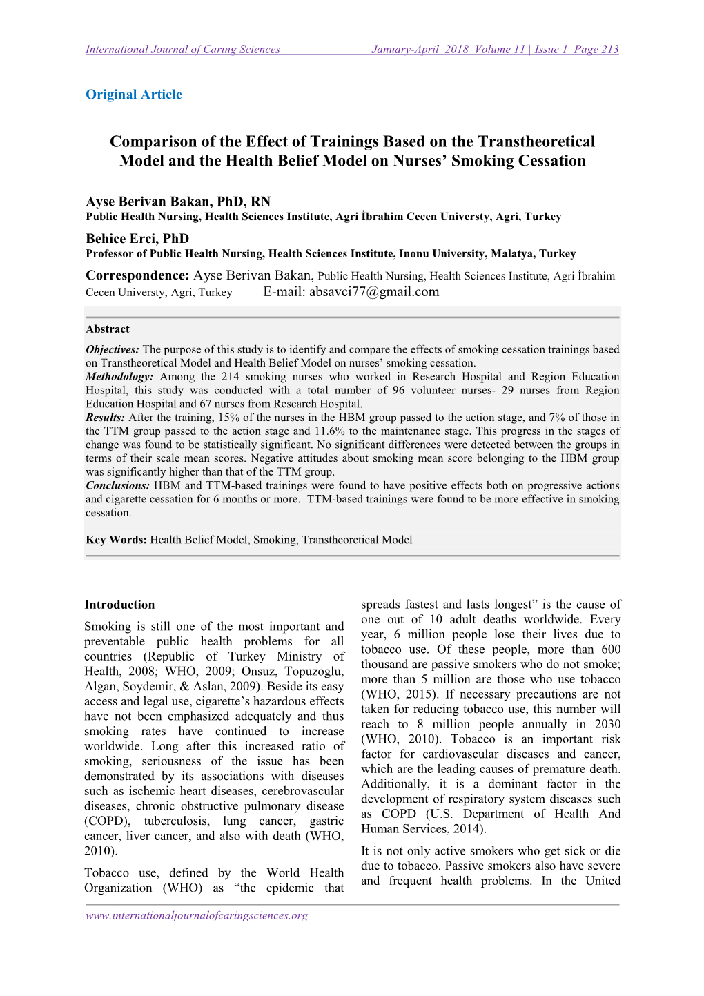 Comparison of the Effect of Trainings Based on the Transtheoretical Model and the Health Belief Model on Nurses’ Smoking Cessation