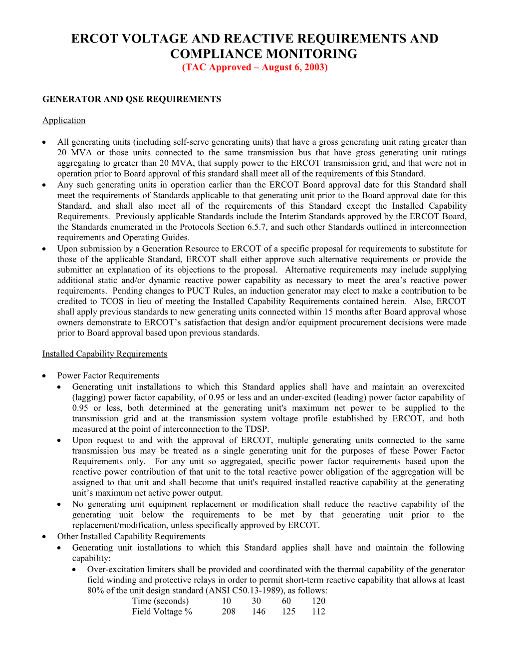 Ercot Voltage and Reactive Requirements and Compliance Monitoring