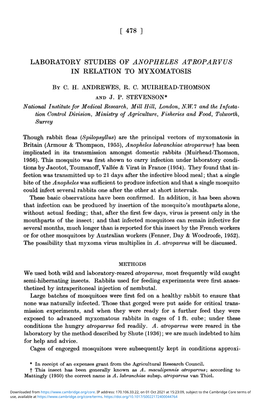 Laboratory Studies of Anopheles Atroparvus in Relation To