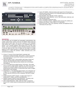 Vp-725Dsa Switchers, Matrix Switchers & Controllers 18-Input Proscale™ Presentation Switcher & Computer Graphics/Hdtv Scaler with Picture-In-Picture