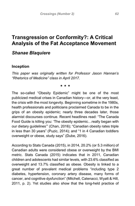 Transgression Or Conformity?: a Critical Analysis of the Fat Acceptance Movement Shanae Blaquiere