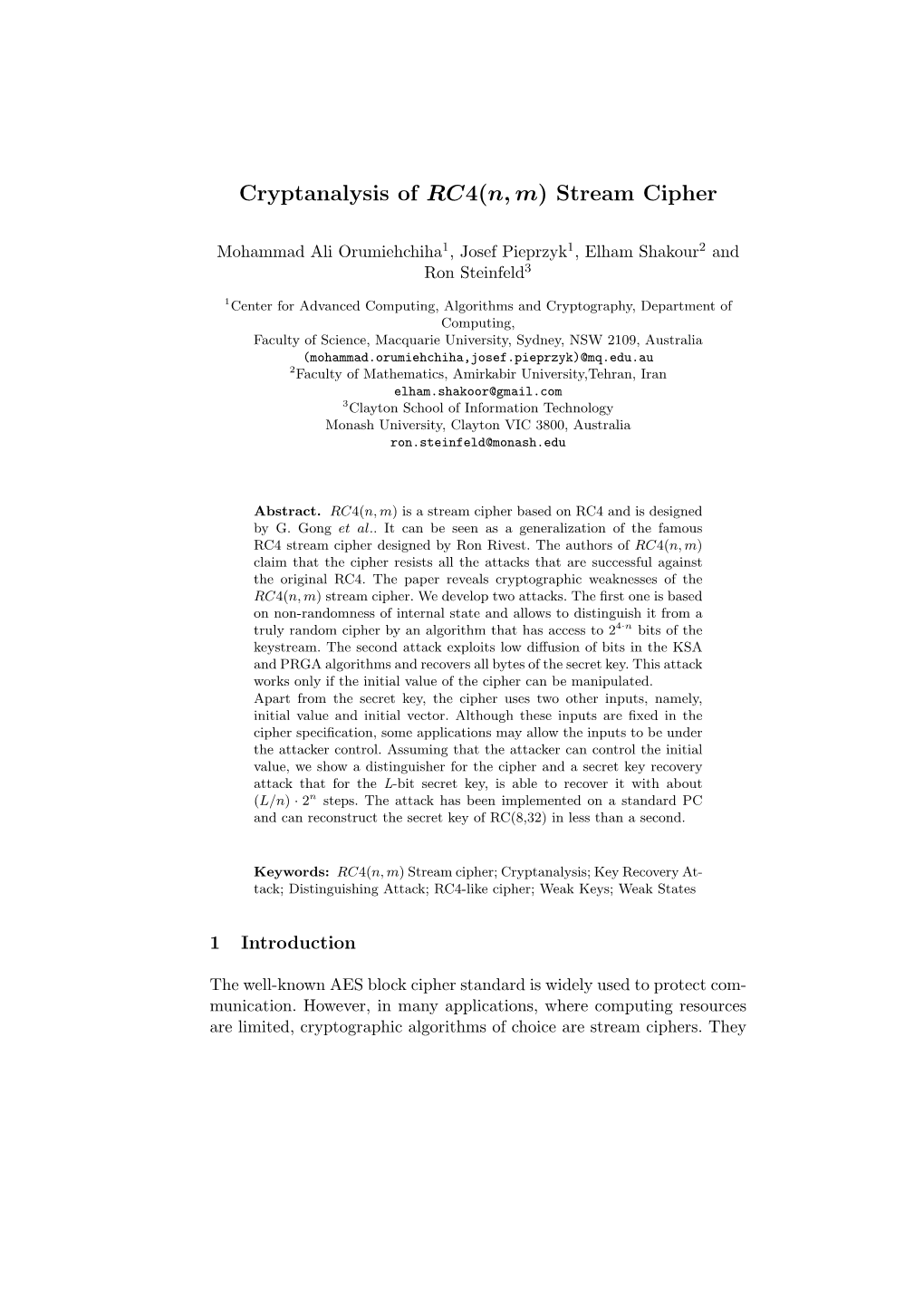 Cryptanalysis of RC4(N, M) Stream Cipher