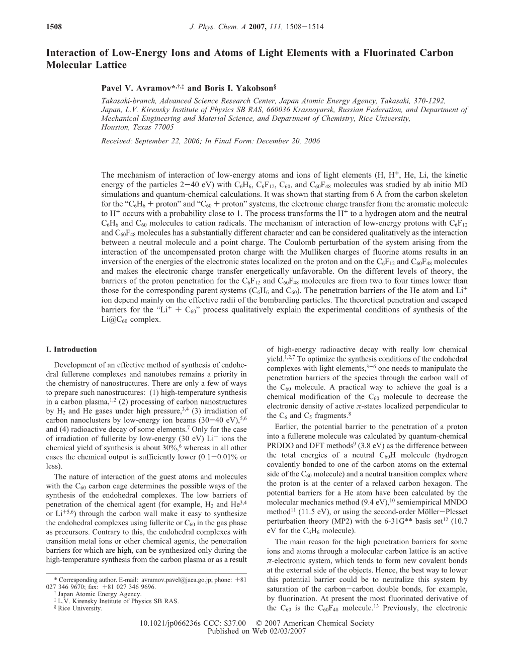 Interaction of Low-Energy Ions and Atoms of Light Elements with a Fluorinated Carbon Molecular Lattice