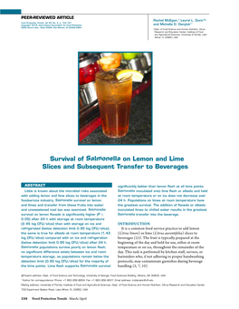 Survival of Salmonella on Lemon and Lime Slices and Subsequent Transfer to Beverages