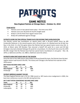 GAME NOTES New England Patriots at Chicago Bears – October 21, 2018