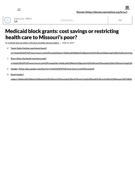 Medicaid Block Grants: Cost Savings Or Restricting Health Care to Missouri’S Poor?