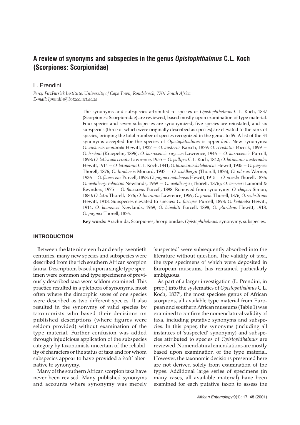 A Review of Synonyms and Subspecies in the Genus Opistophthalmus C.L. Koch (Scorpiones: Scorpionidae)