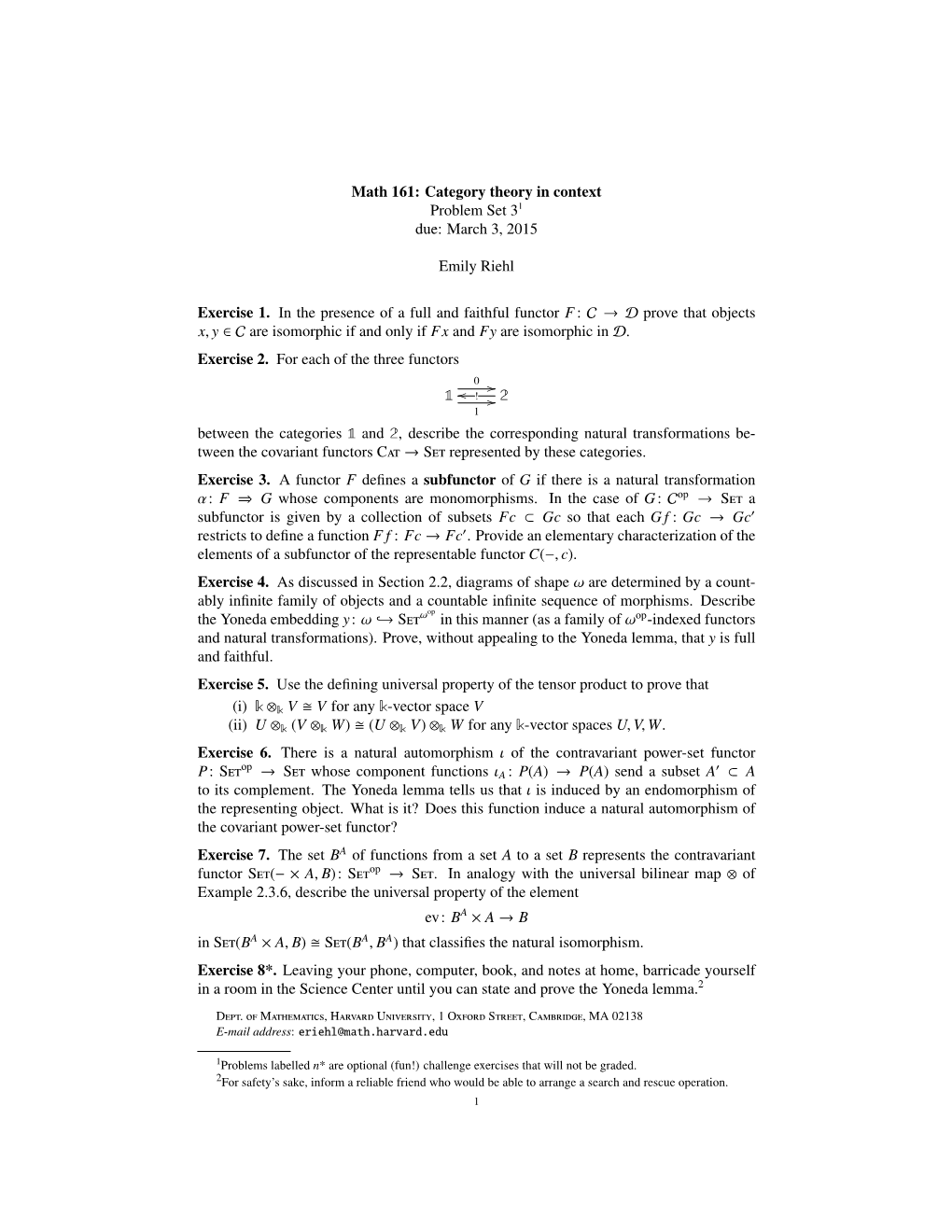 Math 161: Category Theory in Context Problem Set 31 Due: March 3, 2015