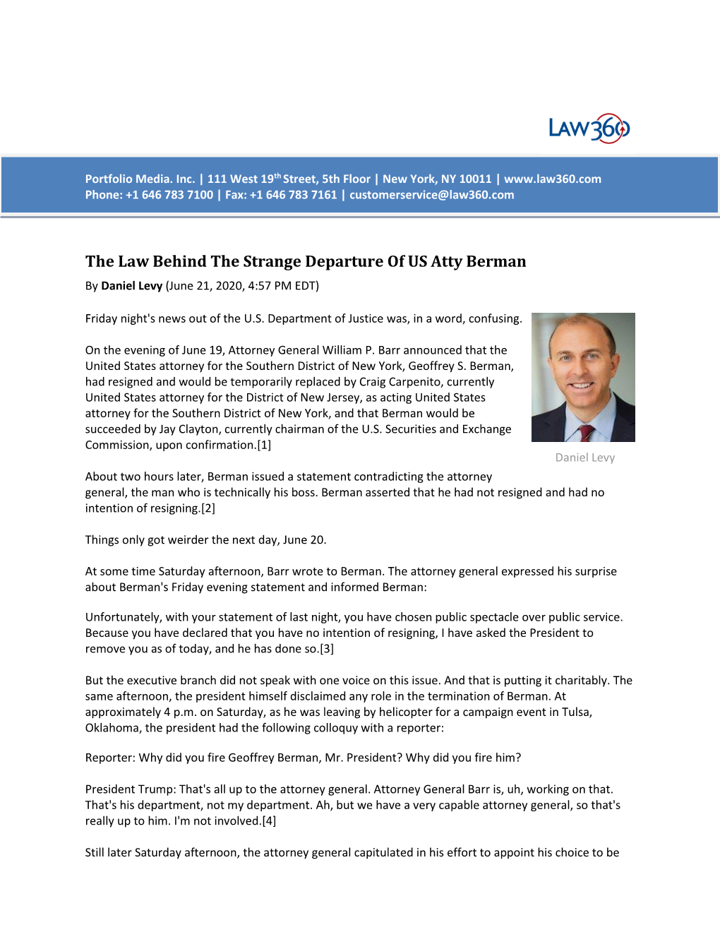 The Law Behind the Strange Departure of US Atty Berman by Daniel Levy (June 21, 2020, 4:57 PM EDT)