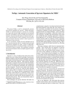Netspy: Automatic Generation of Spyware Signatures for NIDS ∗