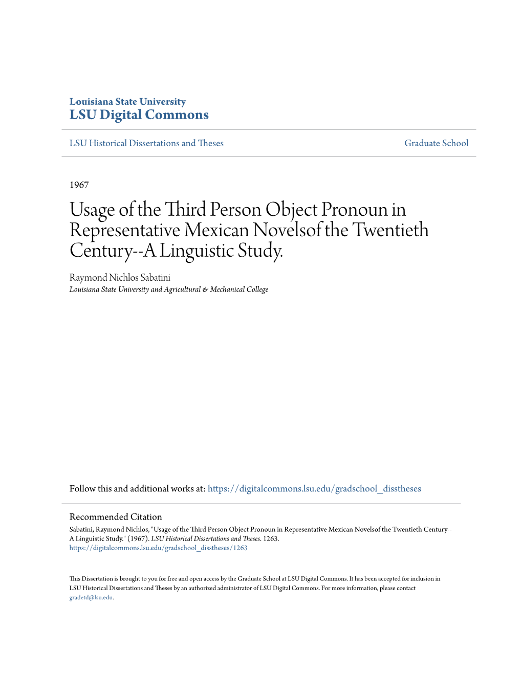 Usage of the Third Person Object Pronoun in Representative Mexican Novelsof the Twentieth Century--A Linguistic Study