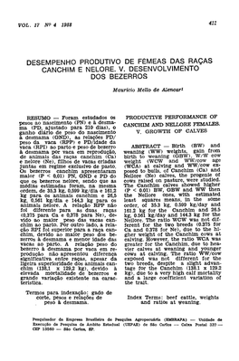 S Raças Canchim E Nelore. V. Desenvolvimento Dos Bezerros