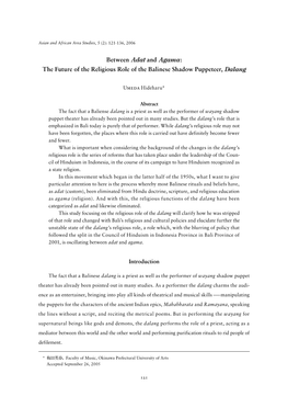 Between Adat and Agama: the Future of the Religious Role of the Balinese Shadow Puppeteer, Dalang