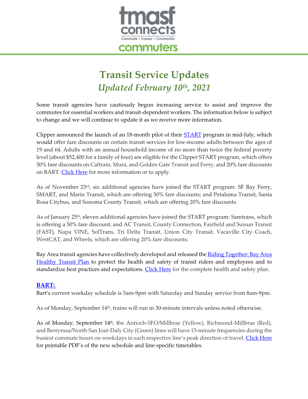 Transit Service Updates Updated February 10Th, 2021