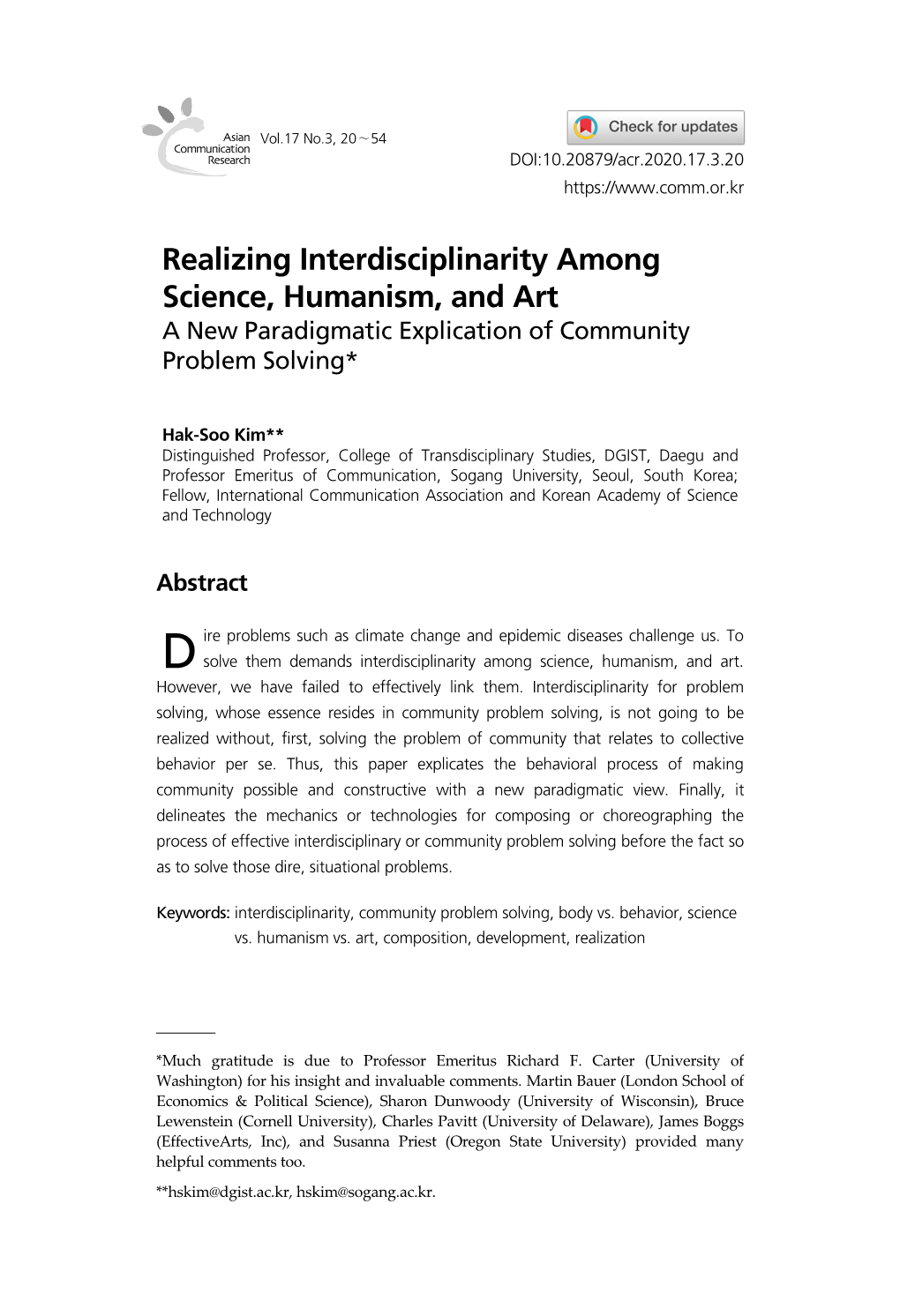 Realizing Interdisciplinarity Among Science, Humanism, and Art a New Paradigmatic Explication of Community Problem Solving*