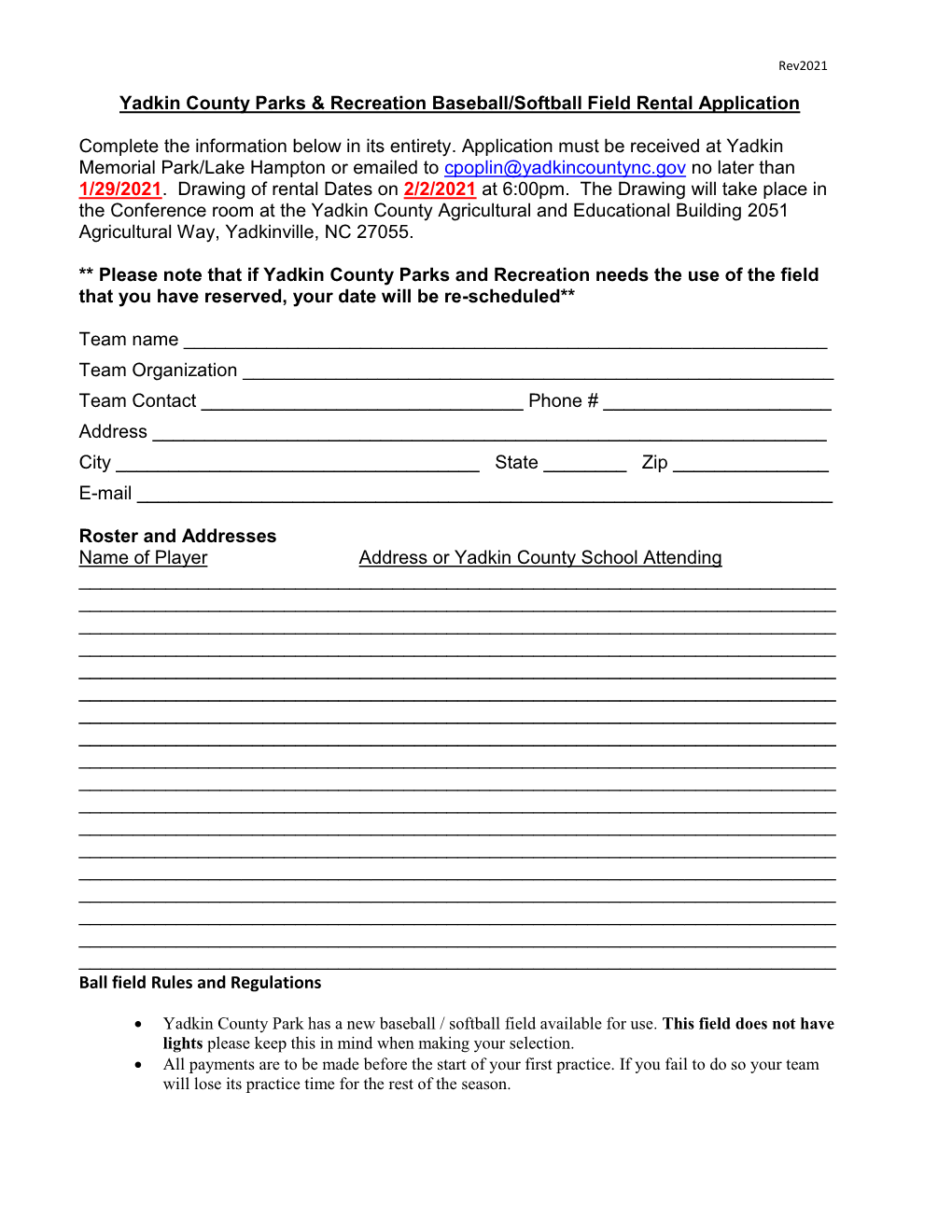 Yadkin County Parks & Recreation Baseball/Softball Field Rental