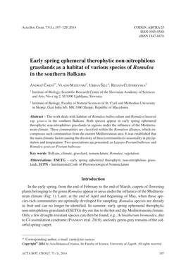 Early Spring Ephemeral Therophytic Non-Nitrophilous Grasslands As a Habitat of Various Species of Romulea in the Southern Balkans