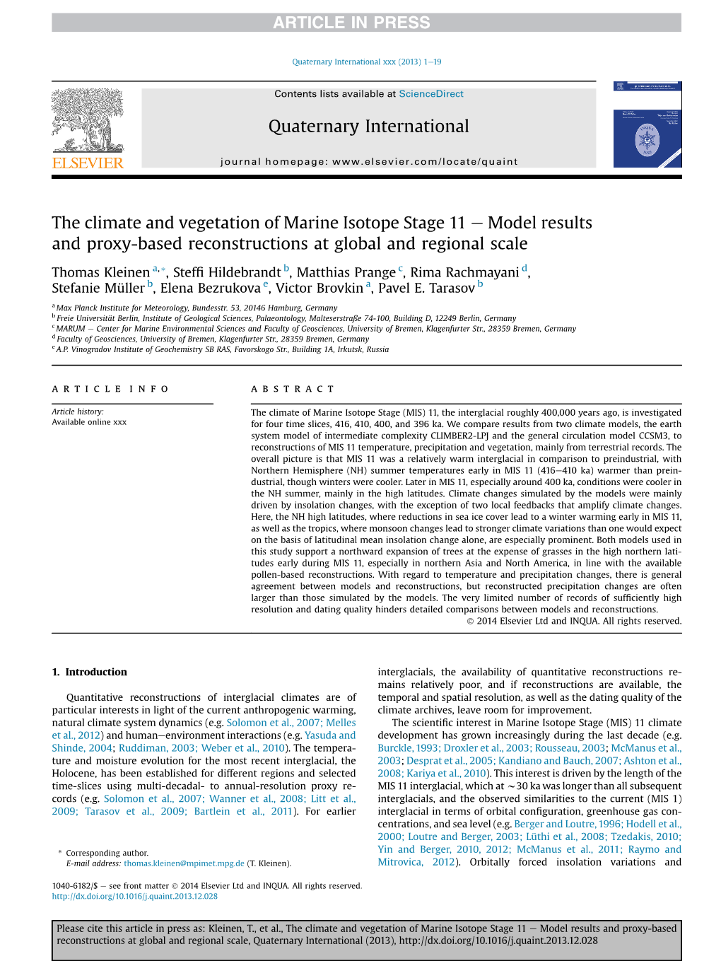 The Climate and Vegetation of Marine Isotope Stage 11 E Model Results and Proxy-Based Reconstructions at Global and Regional Scale