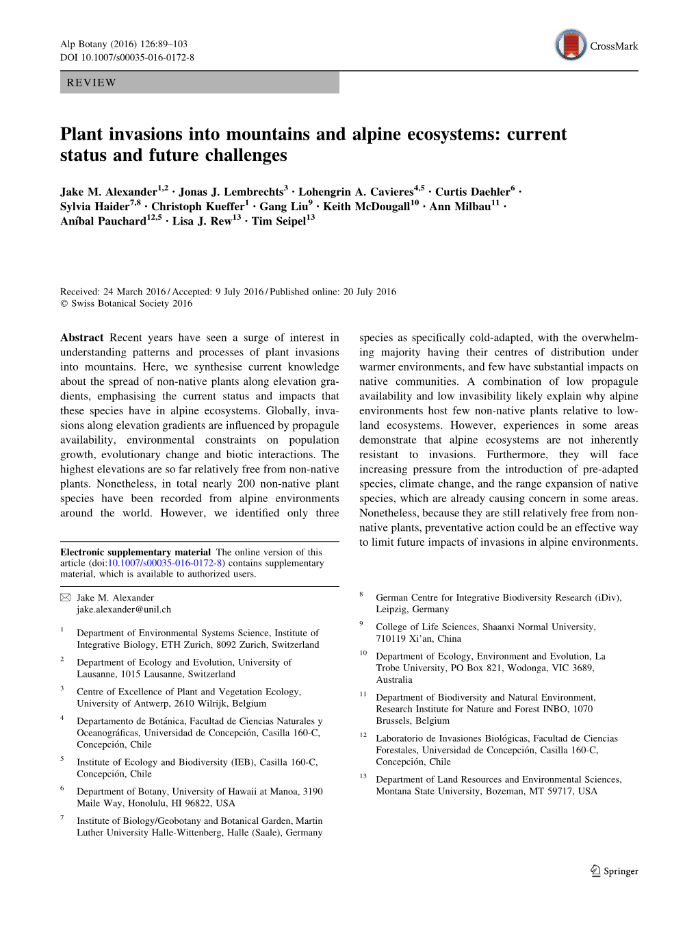 Plant Invasions Into Mountains and Alpine Ecosystems: Current Status and Future Challenges