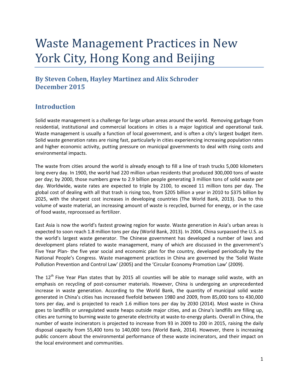 Waste Management Practices in New York City, Hong Kong and Beijing