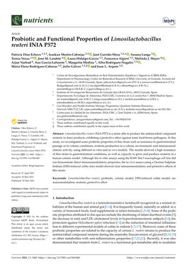 Probiotic and Functional Properties of Limosilactobacillus Reuteri INIA P572