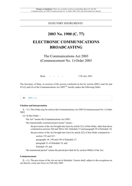 The Communications Act 2003 (Commencement No. 1) Order 2003