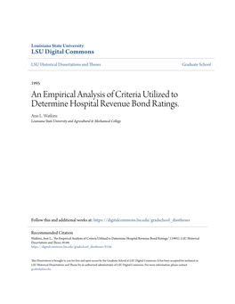 An Empirical Analysis of Criteria Utilized to Determine Hospital Revenue Bond Ratings