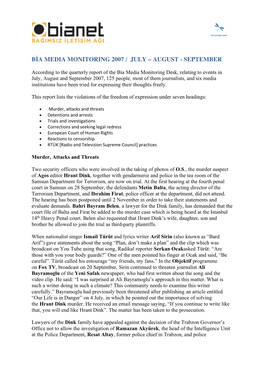 Bia Media Monitoring 2007 / July – August - September