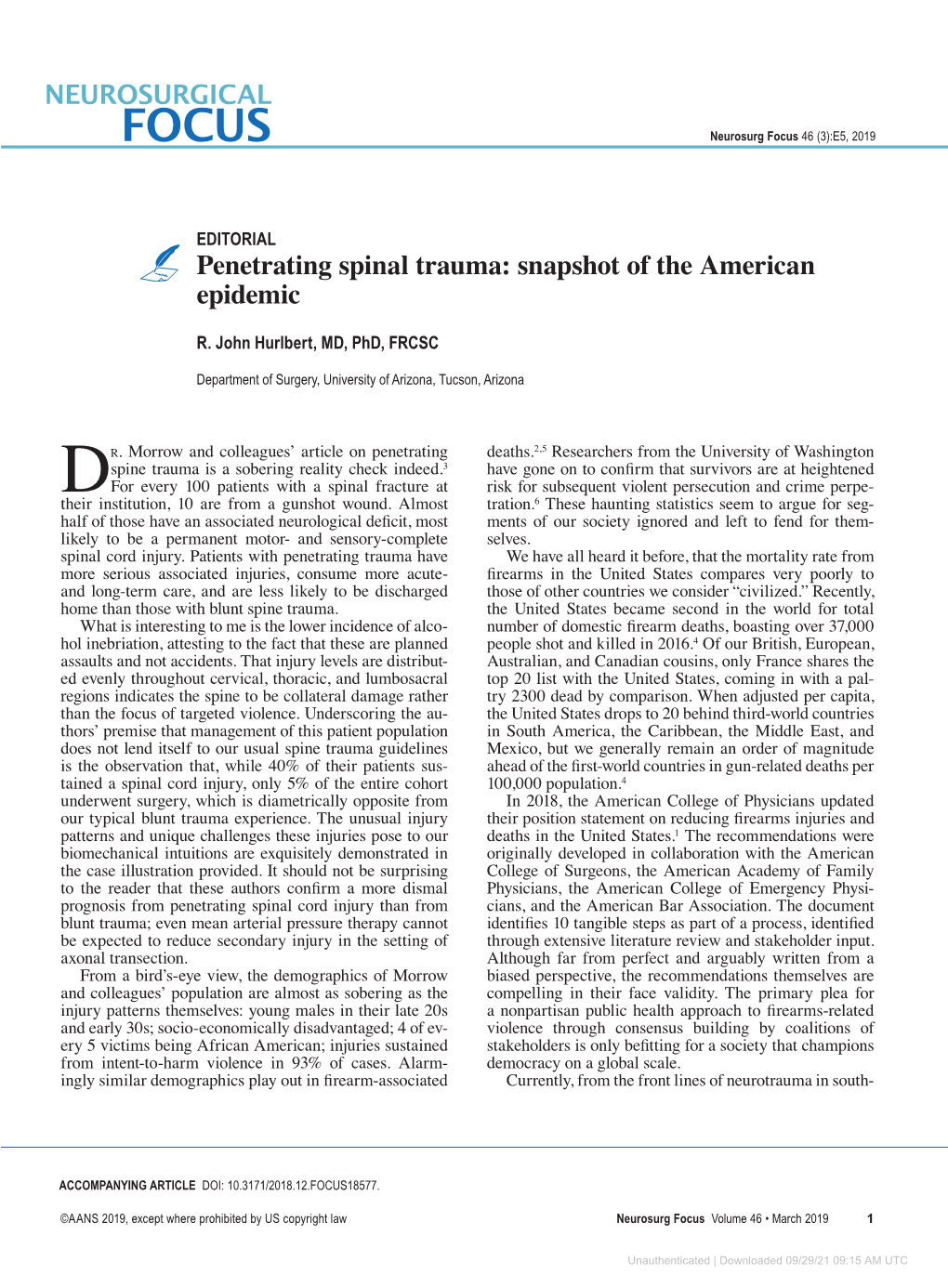 Penetrating Spinal Trauma: Snapshot of the American Epidemic