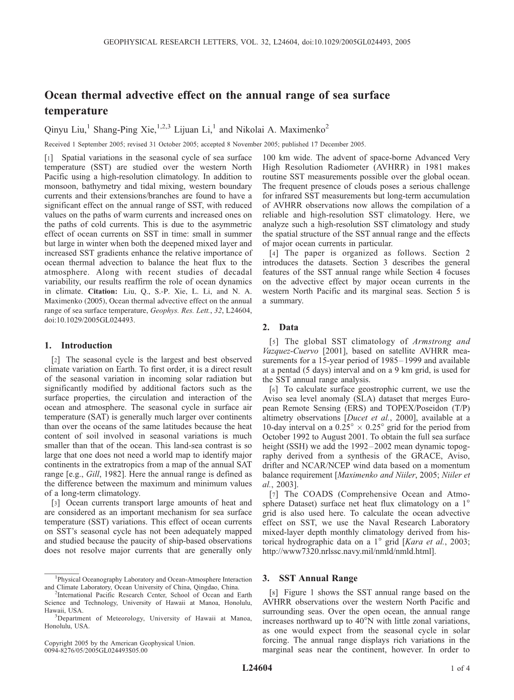 Ocean Thermal Advective Effect on the Annual Range of Sea Surface Temperature Qinyu Liu,1 Shang-Ping Xie,1,2,3 Lijuan Li,1 and Nikolai A