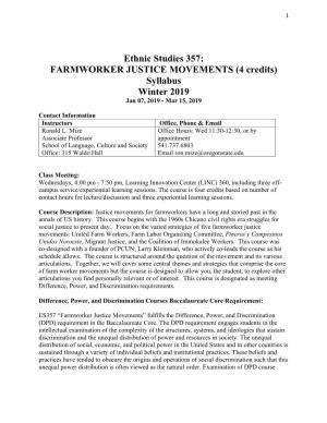 FARMWORKER JUSTICE MOVEMENTS (4 Credits) Syllabus Winter 2019 Jan 07, 2019 - Mar 15, 2019