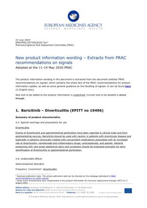 New Product Information Wording – Extracts from PRAC Recommendations on Signals Adopted at the 11-14 May 2020 PRAC