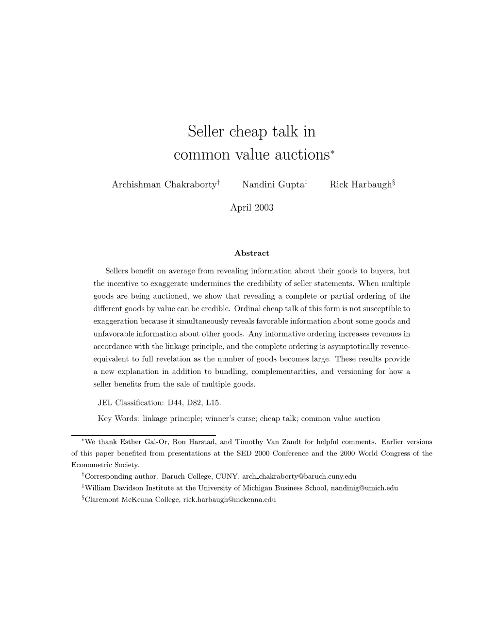 Seller Cheap Talk in Common Value Auctions∗