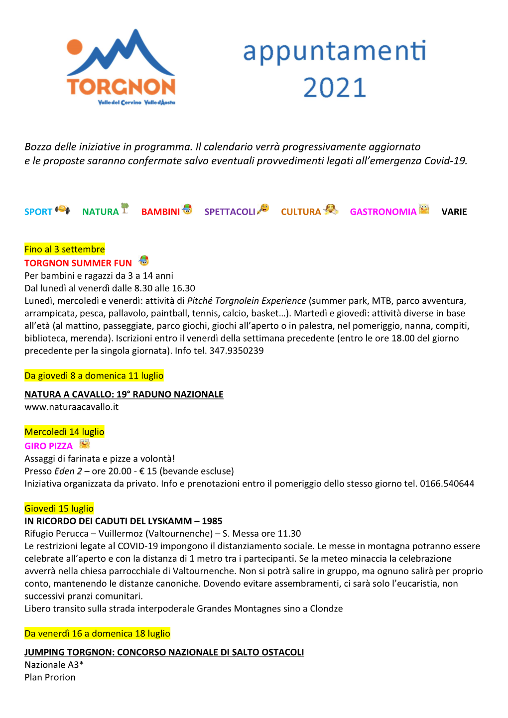 Bozza Delle Iniziative in Programma. Il Calendario Verrà